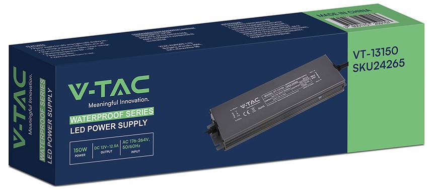 Produktbox für eine V-TAC wasserdichte Serie LED-Stromversorgung, zeigt eine 150-W-schwarze Stromversorgungseinheit und Modelltext VT-13150, SKU24265.