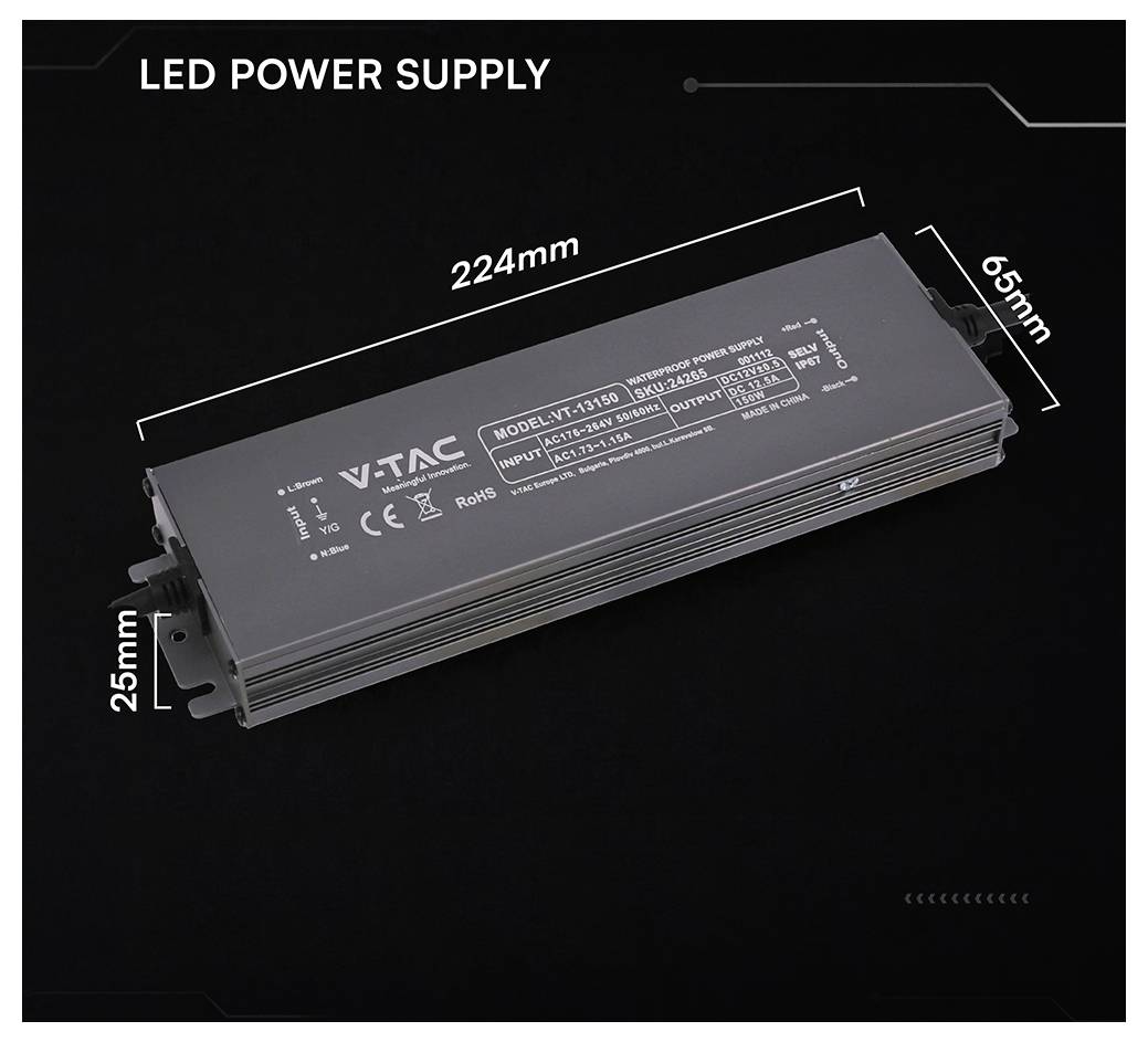 LED-Stromversorgungseinheit mit beschrifteten Abmessungen: 224 mm Länge, 65 mm Breite und 25 mm Höhe.