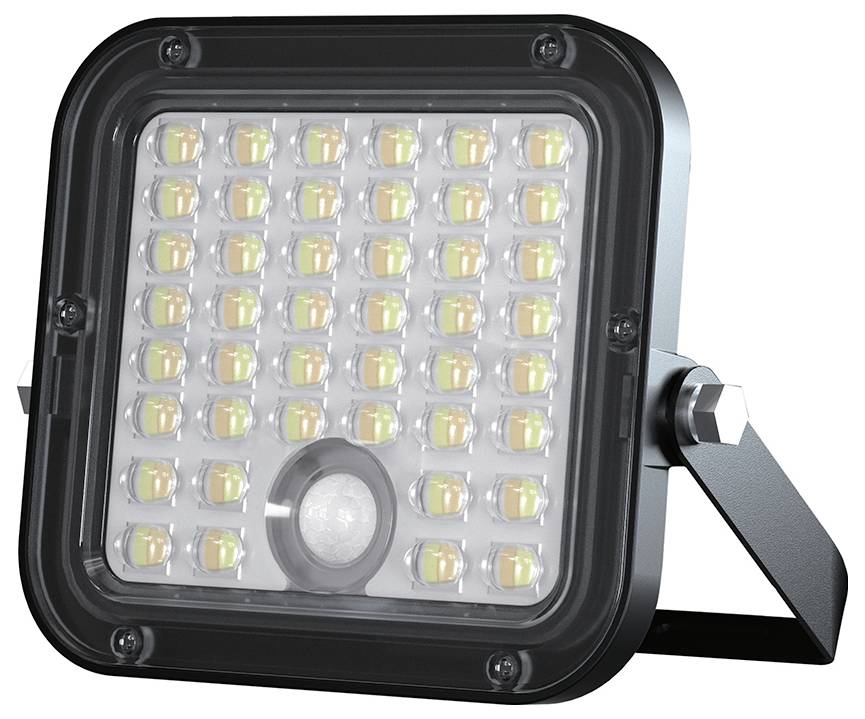 Schwarzer LED-Flutlichtstrahler mit vielen quadratischen LEDs und einem zentralen Bewegungsmelder, gezeigt auf einer verstellbaren Montagehalterung.