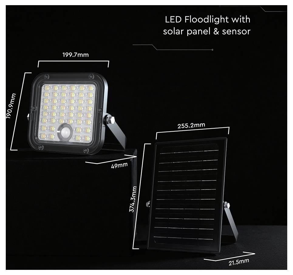 Dimensionsdiagramm einer „LED-Flutleuchte mit Solarpanel und Sensor