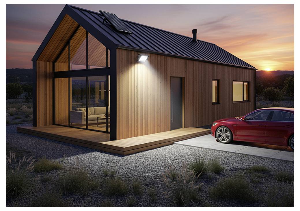 Moderne Holzhütte mit großer Glasfront bei Sonnenuntergang, beleuchtete Außenwandleuchte, mit einem roten Auto daneben geparkt.