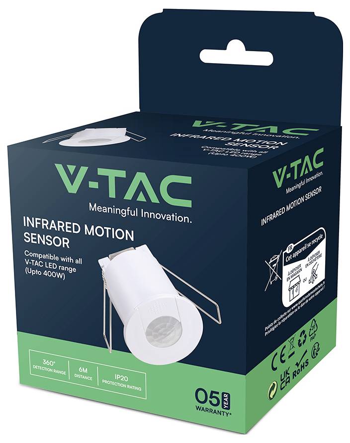 VTAC Infrarot-Bewegungsmelder-Verpackungsbox in Dunkelblaugrün und Grün, zeigt das Sensorprodukt, Kompatibilitätsdetails, 360°-Erkennung, 6m Reichweite, IP20-Schutzart und 5-Jahres-Garantie.