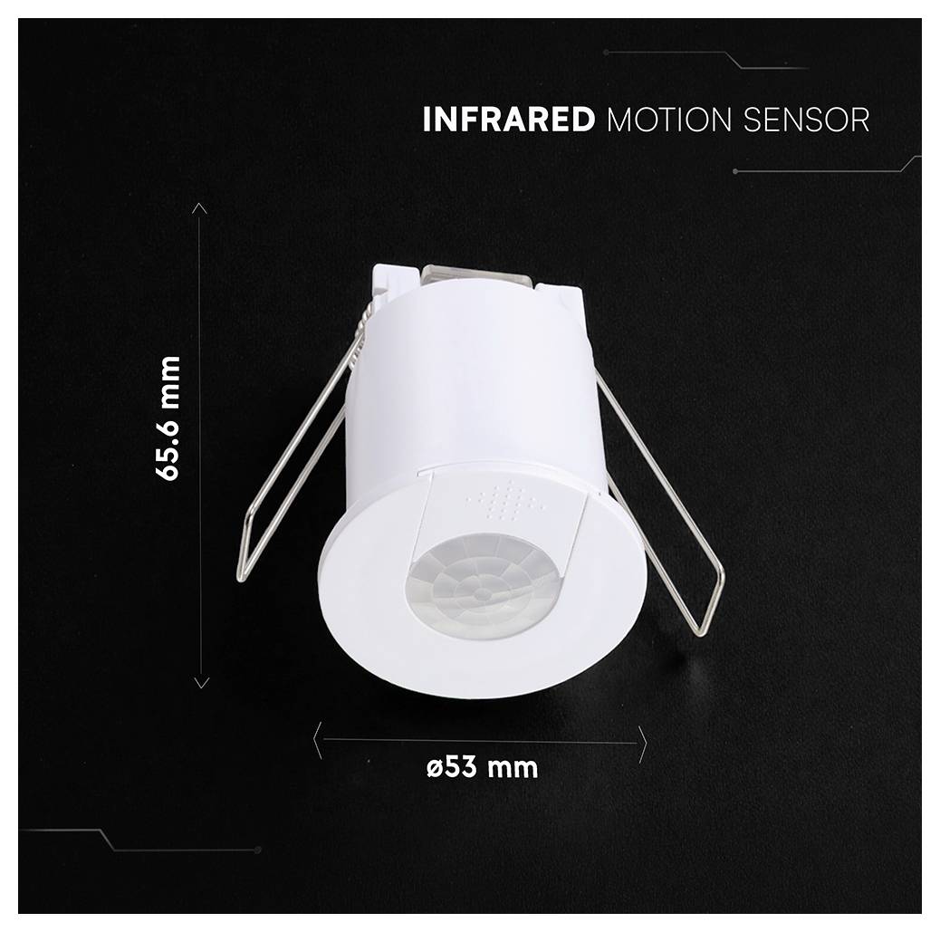 Produktbild eines weißen Infrarot-Bewegungsmelders-Downlights, auf schwarzem Hintergrund mit Angabe von 85,6 mm Höhe und 53 mm Durchmesser gekennzeichnet.