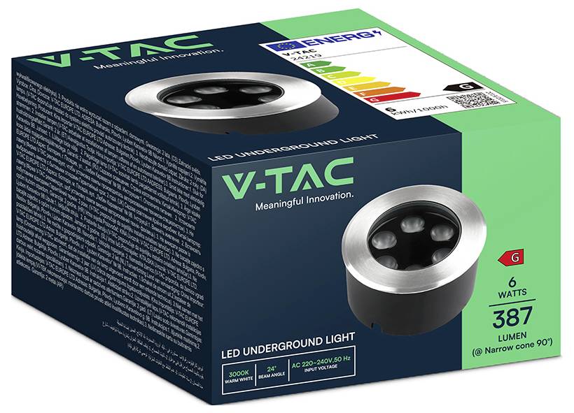 V-TAC LED Bodeneinbauleuchte Verpackung in Grün und Dunkelblau, zeigt eine runde Einbausleuchte; gekennzeichnet mit 6 Watt, 387 Lumen, enger Lichtkegel 90° und Energieklassifizierung.