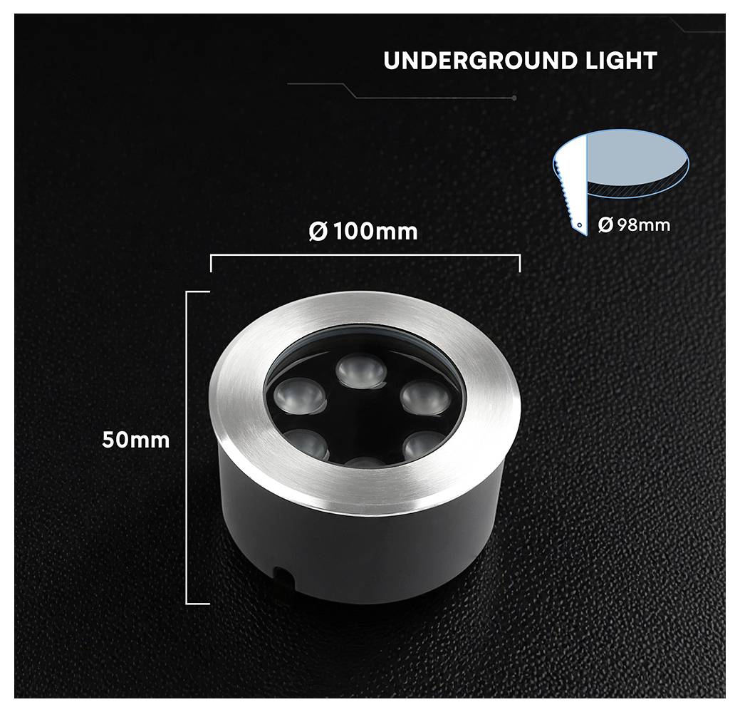 Produktabbildung einer runden Untergrundleuchte mit der Bezeichnung „UNDERGROUND LIGHT