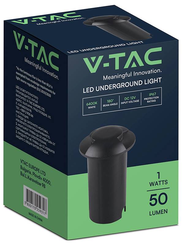 VTAC LED BodenlichtLeuchtmittel und technische Daten6400K Weiß180° AbstrahlwinkelDC 12VIP671 Watt50 Lumen