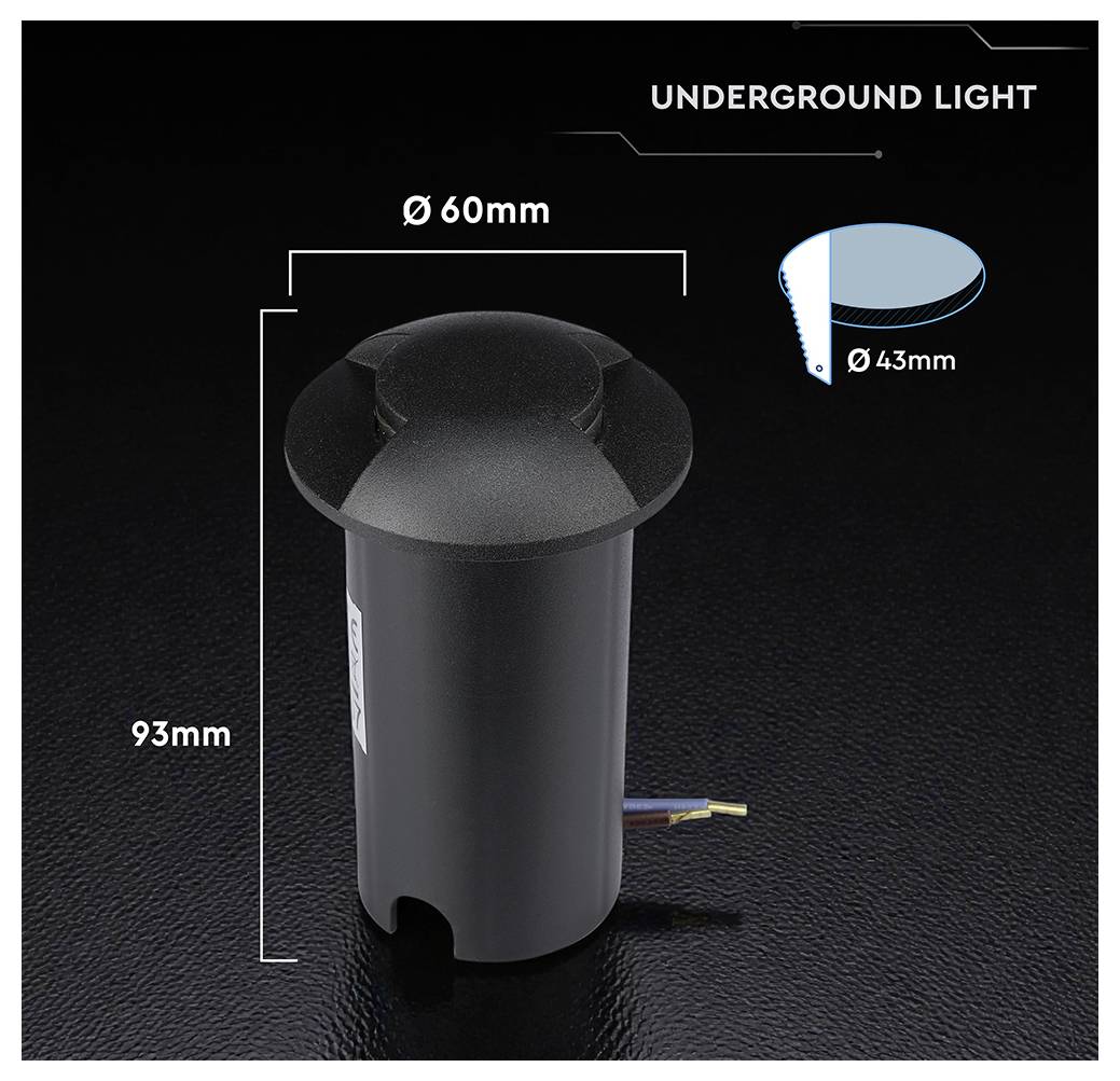 Unterirdisches Licht-Produktbild, das eine zylindrische unterirdische Leuchte zeigt, 93 mm hoch und 60 mm breit, mit 43 mm Durchmesser der oberen Einsenkung.