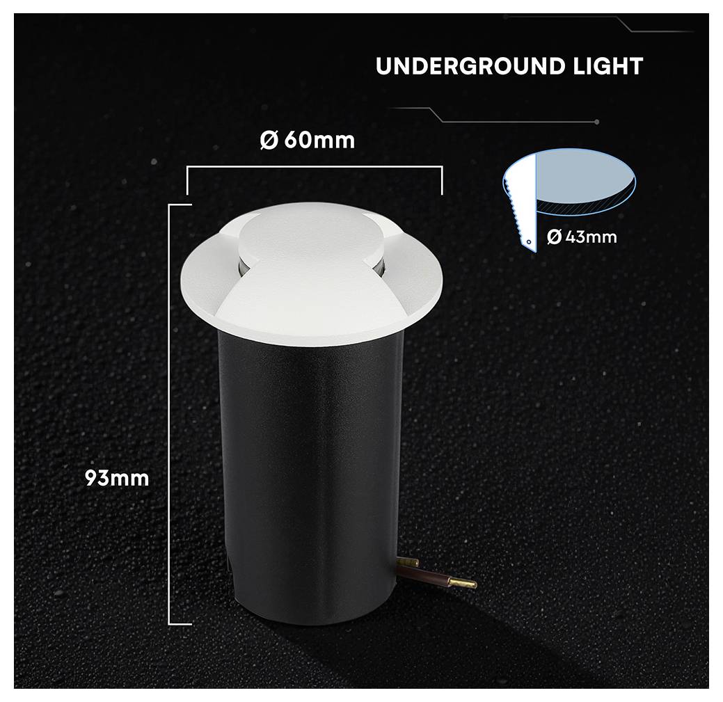 Produktbild einer Bodenstrahler mit Abmessungen: 60 mm Durchmesser, 93 mm Höhe und 43 mm Ausschnittgröße.