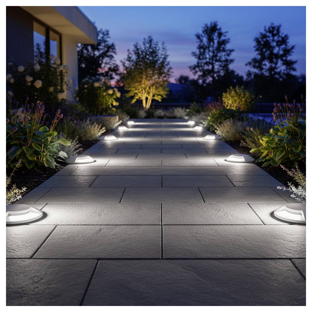 Beleuchteter Steingartenweg in der Abenddämmerung, gesäumt von niedrigen Weglichtern und begrenzt durch Blumen und Bäume in der Nähe eines Hauses.