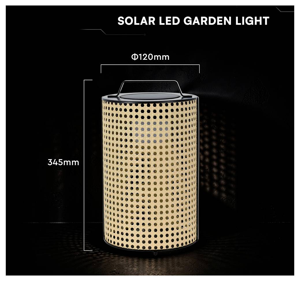 Solargeführte Gartenleuchte, dargestellt als durchbrochene zylindrische Laterne, mit einer Breite von 120 mm und einer Höhe von 345 mm.