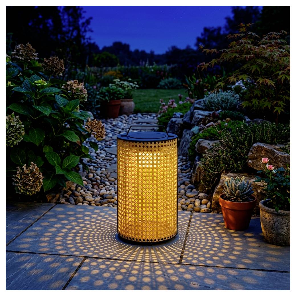 Leuchtende durchbrochene Laterne wirft kreisförmige Lichtmuster auf eine Terrasse in der Abenddämmerung, mit Gartenpflanzen und Steinen im Hintergrund.