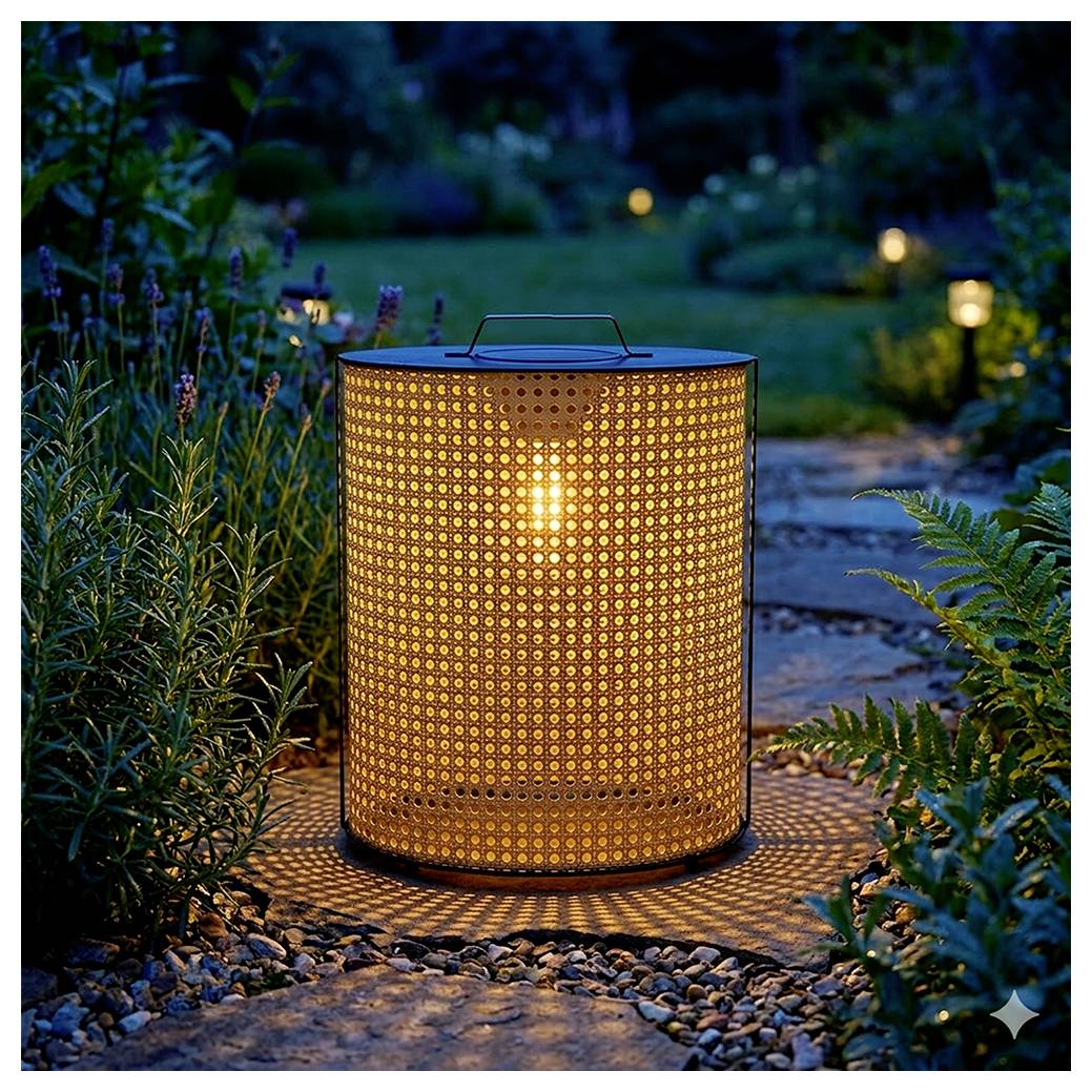 Warme glühende zylindrische Außenlaterne mit durchlöchertem Metallschirm, angezündet auf einem Gartenweg in der Dämmerung, umgeben von Pflanzen und Steinen.