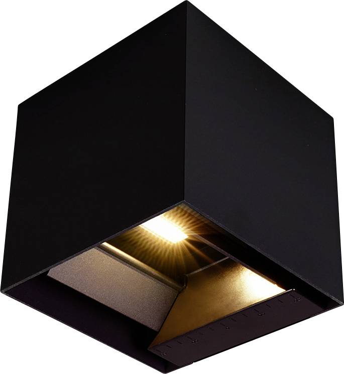 Schwarze geometrische Wand- oder Deckenleuchte mit einer warm leuchtenden Glühbirne im Inneren, dargestellt auf weißem Hintergrund.