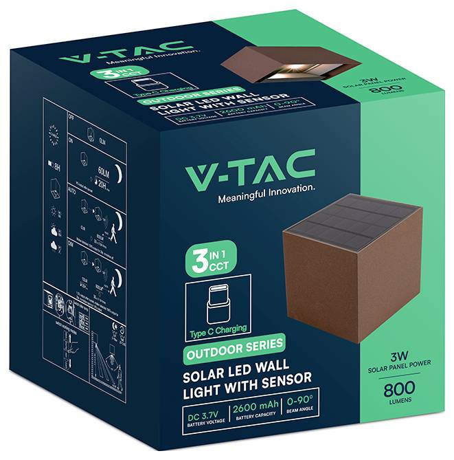 Produktbox für V-TAC Outdoor Solar LED Wandleuchte mit Sensor, zeigt ein 3W Panel Licht, 800 Lumen, Type C Ladung und 2600 mAh Batterie.
