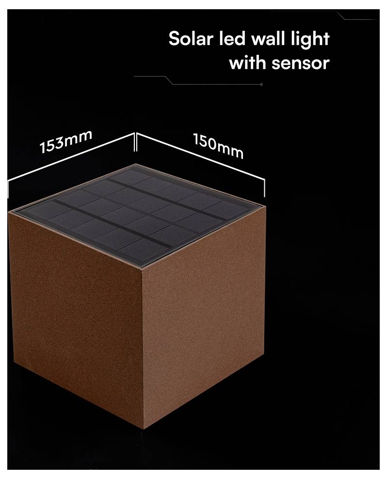 Produktbild einer Solarwandleuchte mit LED und Sensor, dargestellt als brauner Würfel mit Solarpanel-Oberseite und beschrifteten Abmessungen von 153 mm mal 150 mm.