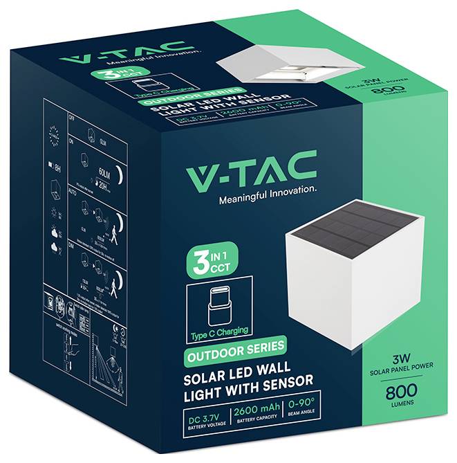 V-TAC Outdoor Solar LED Wandleuchte mit Sensor, zeigt eine weiße würfelförmige Leuchte und Verpackung mit der Bezeichnung 3W, 800 Lumen, 3-in-1 CCT, USB-C-Aufladung.