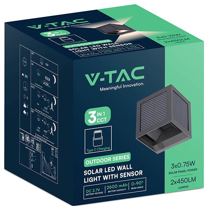 V-TAC Außen-Solar-LED-Wandleuchte mit Sensor, mit 3-in-1 CCT, Typ-C-Ladeanschluss, 3x0,75W Solarpanelleistung und 2x450 lm Ausgangsleistung.