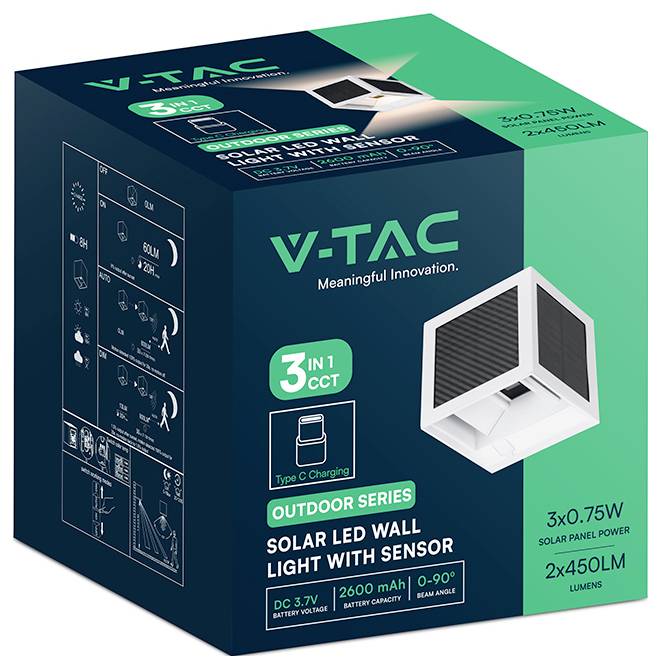 V-TAC Outdoor-Solar-LED-Wandleuchte mit Sensor in der Verpackung, auf der „3 in 1 CCT