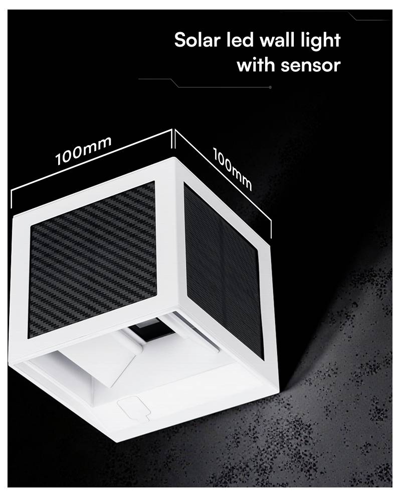 Produktbild einer würfelförmigen Solar-LED-Wandleuchte mit Sensor, die 100-mm-Abmessungen auf jeder Seite zeigt und einen weißen Rahmen mit dunklen Solarpanels aufweist.