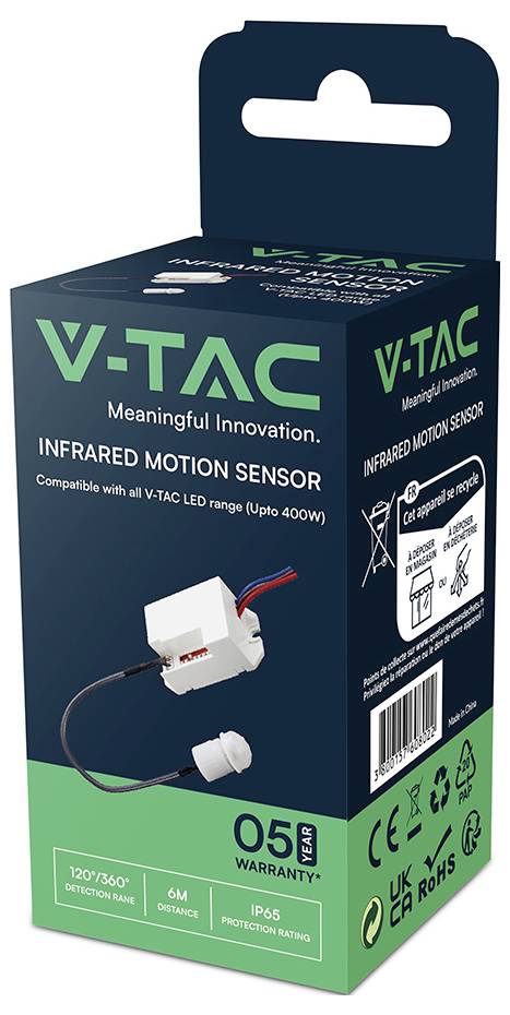 V-TAC Infrarot-Bewegungsmelder Produktkarton, mit der Aufschrift „Meaningful Innovation
