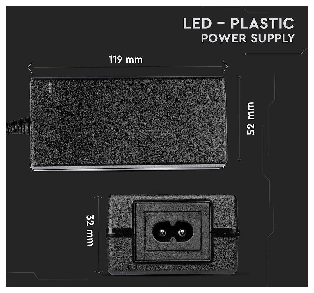 Diagramm eines LED-Kunststoff-Netzteils mit Draufsicht und Vorderansicht mit den Abmessungen 119 mm × 52 mm und 32 mm, beschriftet als „LED - KUNSTSTOFF-NETZTEIL