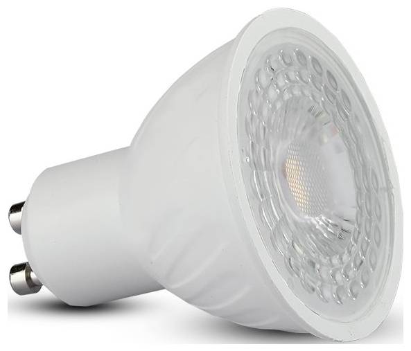 Weiße GU10 LED-Spotlightbirne mit zweipoligem Sockel, gezeigt auf einem einfachen Hintergrund.