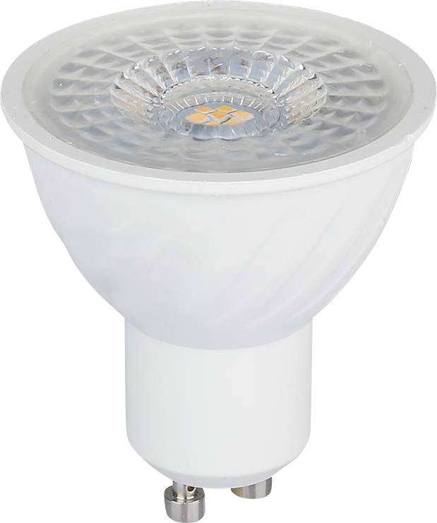 Weiße LED-Spotlightbirne mit mattiertem Gehäuse und transparenter facettierter Linse, gezeigt vor weißem Hintergrund.