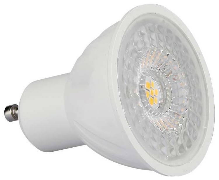 Eine weiße LED-Spotlicht-Glühbirne mit reflektierendem Objektiv und GU10-Sockel, gezeigt vor einem einfachen Hintergrund.