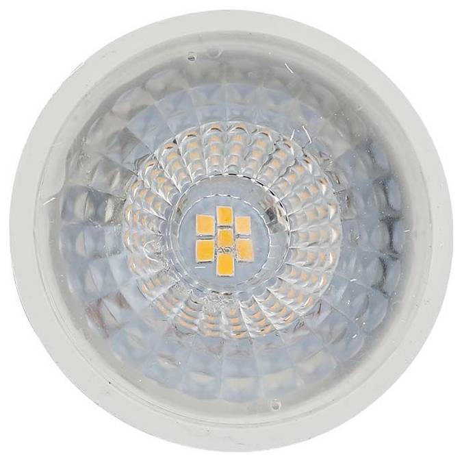 Nahaufnahme einer runden LED-Glühbirne mit strukturierter klarer Linse und fünf orangefarbenen LED-Chips in der Mitte.