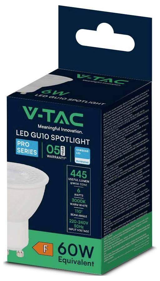 V-TAC LED GU10 Spotlight-Glühbirne Verpackung, Pro Series, 6W, 445 Lumen, 3000K Warmweiß, 60W Äquivalent.