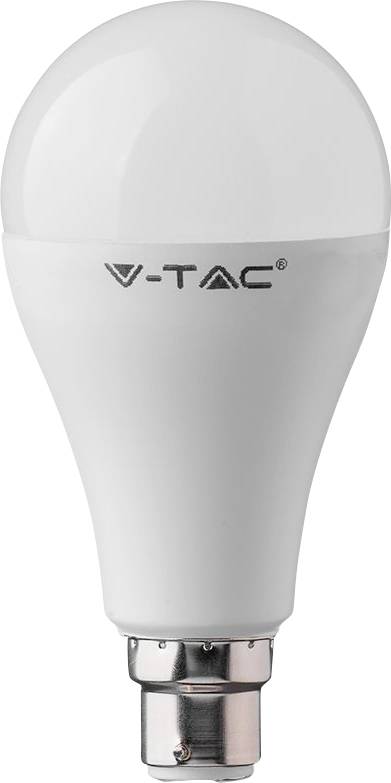 Weiße V-TAC LED-Glühbirne mit einem bajonettartigen Metallsockel, dargestellt vor einem einfarbigen Hintergrund.