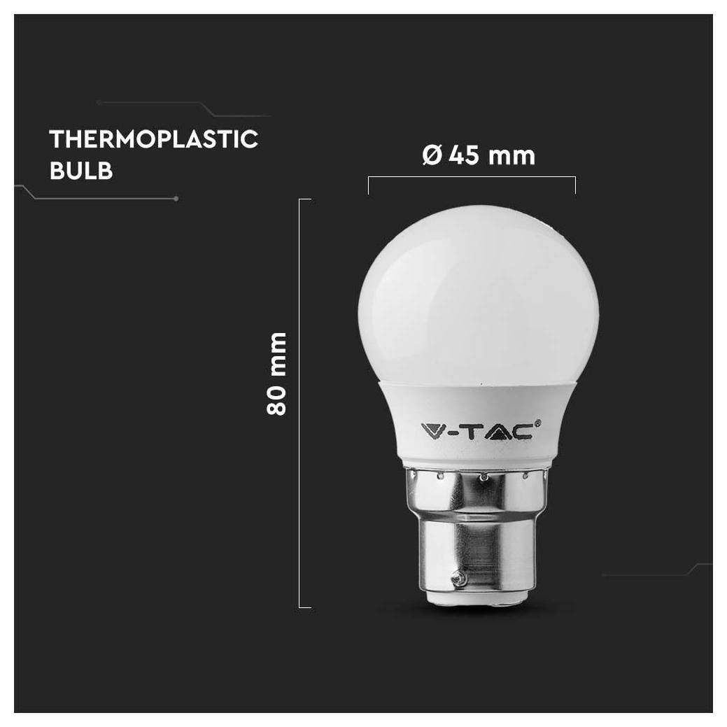 Thermoplastische Glühbirne mit Produktabbildung mit beschrifteten Abmessungen von 80 mm Höhe und 45 mm Breite, zeigt eine V-TAC LED-Glühbirne auf dunklem Hintergrund.