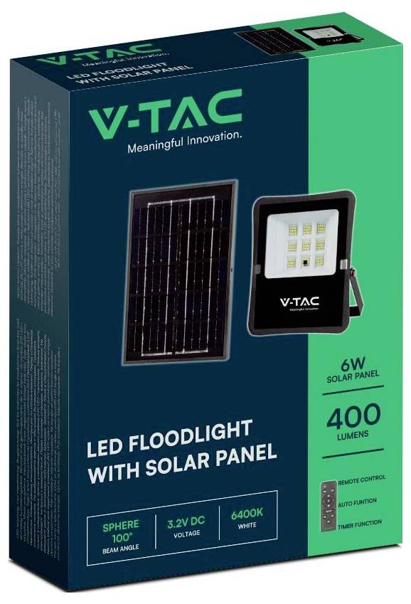 V-TAC LED-Flutlicht mit Solarpanel-Verpackung, zeigt ein 6-W-Solarpanel, 400 Lumen Leuchtkraft, 6400K weißes Licht und 100° Abstrahlwinkel.