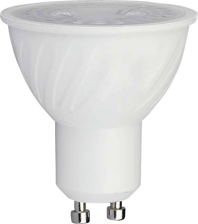 Weiße GU10 LED-Spotlightbirne mit Zweipolsockel auf einfachem Hintergrund.