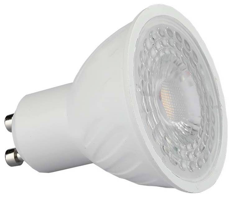 Eine weiße LED-Spotlightbirne mit zwei Metallstiften, gezeigt auf einem einfachen Hintergrund.