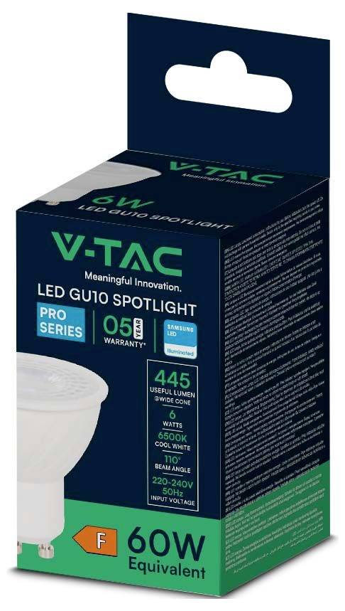 V-TAC LED GU10 Spotlicht-Glühbirne, Verpackung, 6W, 445 Lumen, 4000K neutralweiß, 60W Äquivalent.