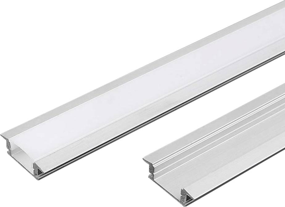 Zwei silberfarbene Aluminium-LED-Kanalprofile mit matter Diffusoren, gezeigt auf weißem Hintergrund.
