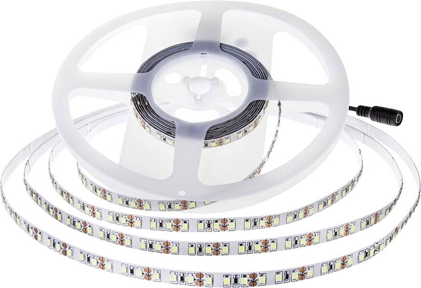 Eine Rolle mit weißen LED-Streifenlichtern, die auf einer Spule aufgewickelt sind, mit einem angeschlossenen Stromstecker.