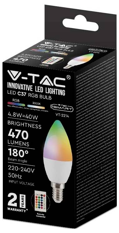 Schachtel einer V-TAC RGB LED-Glühbirne mit Fernbedienung, auf der Verpackung eine intelligente 4,8-W-Glühbirne mit 470 Lumen und einem Ausstrahlungswinkel von 180° abgebildet ist.