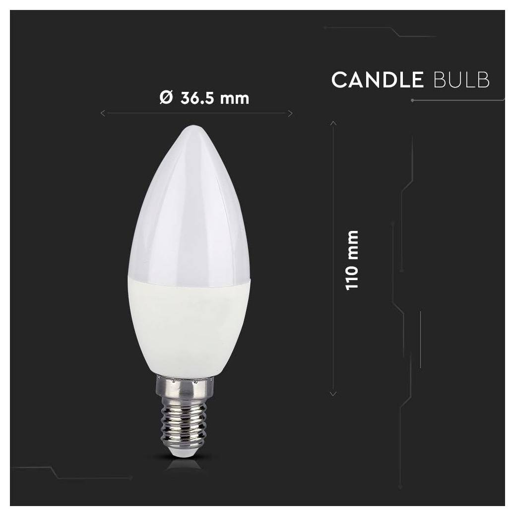Produktbild einer Kerzenlampe mit beschrifteten Abmessungen Ø 36,5 mm und 110 mm auf dunklem Hintergrund.