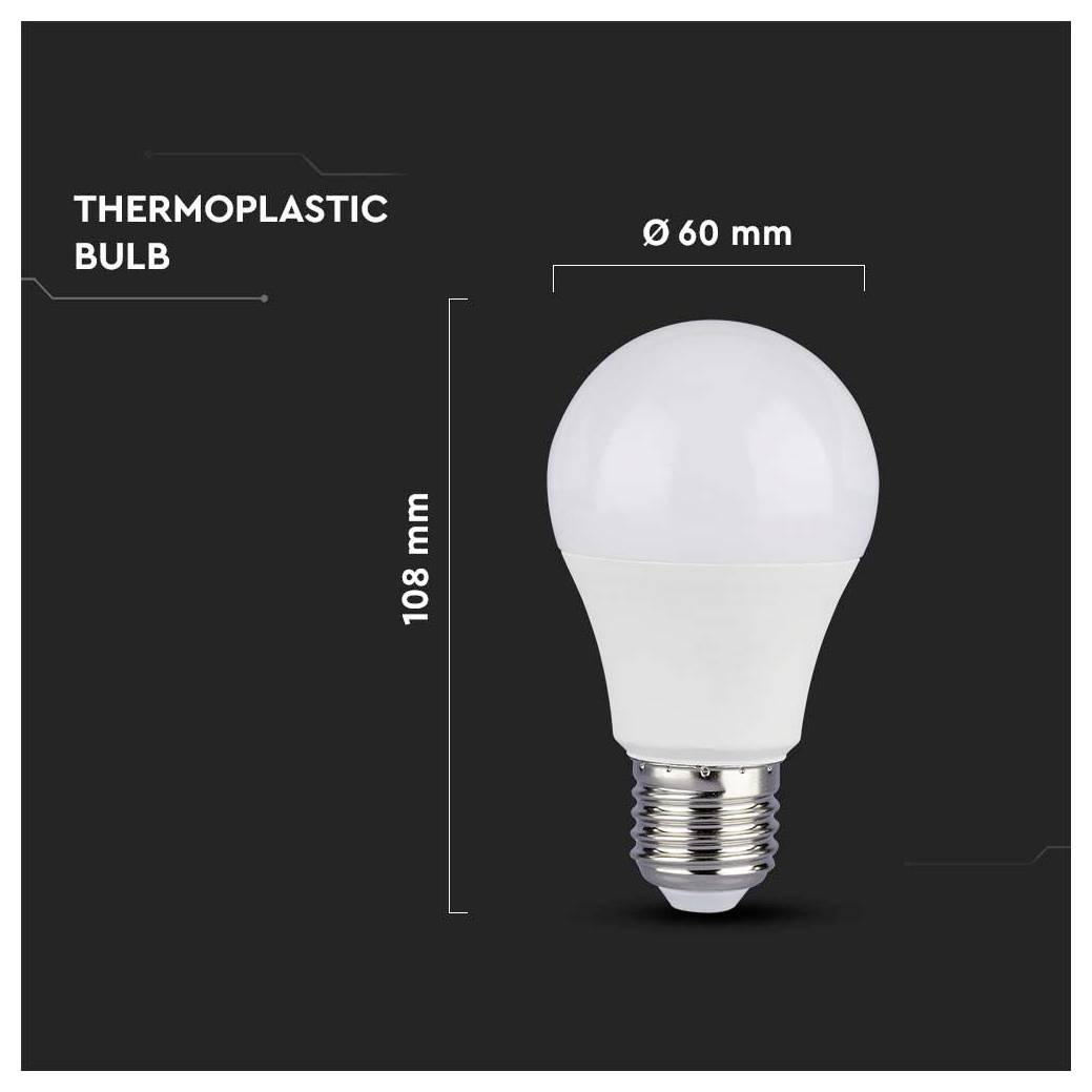 Produktdiagramm einer thermoplastischen LED-Glühbirne mit beschrifteten Abmessungen: 108 mm Höhe und 60 mm Breite.