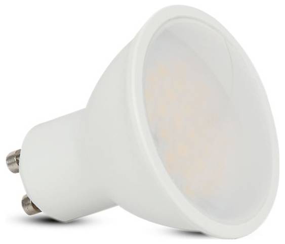Weiße LED-Spotlightlampe mit zwei Metallstiften, gezeigt auf einfachem weißem Hintergrund.