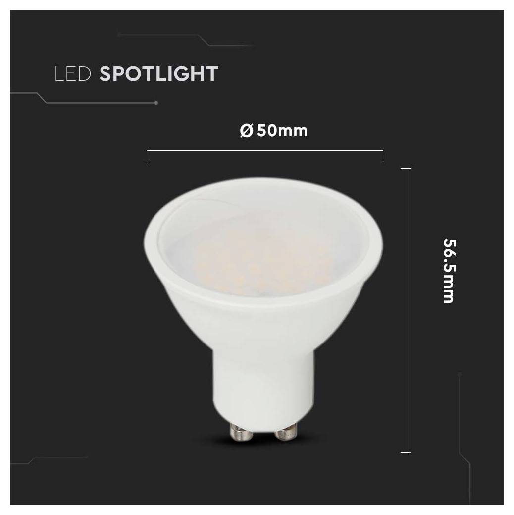 Produktbild einer LED-Spotlichtlampe, beschriftet mit Ø50mm und 56,5mm, auf dunklem Hintergrund dargestellt.