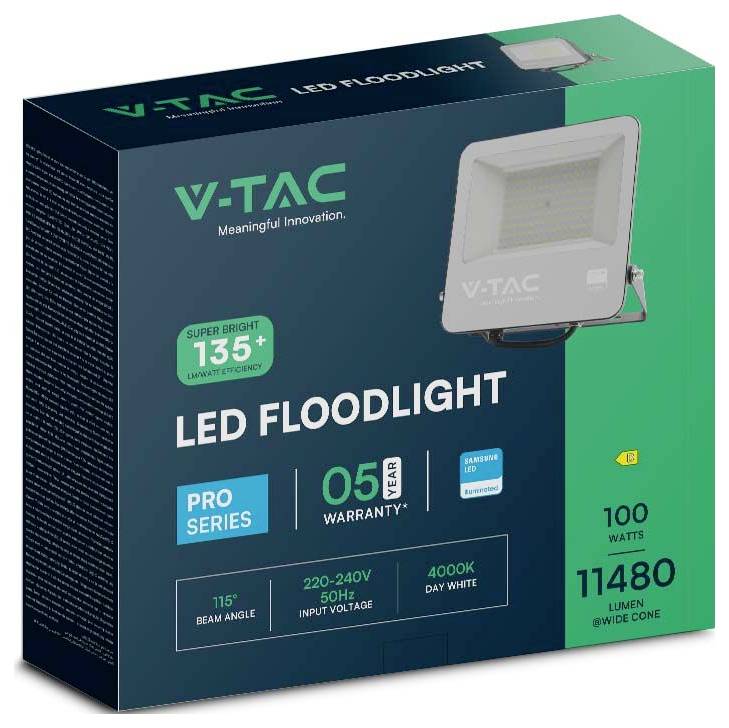 V-TAC LED-Flutlicht Produktkarton mit einem 100W-Flutlicht, 11.480 Lumen Lichtstrom, 4000K Tageslichtweiß, 115° Abstrahlwinkel und 5 Jahren Garantie.
