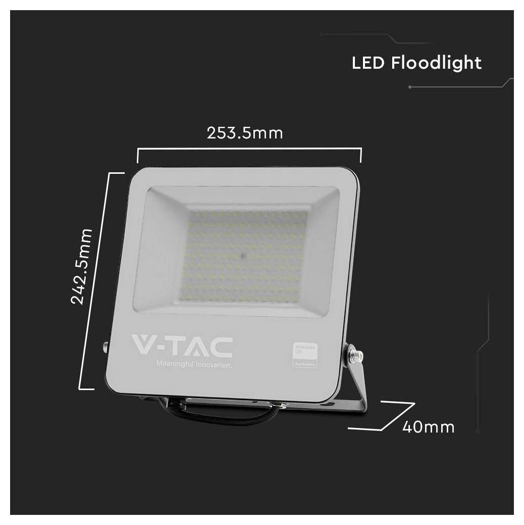 LED-Flutlicht-Produktbild mit beschrifteten Abmessungen: 253,5 mm breit, 242,5 mm hoch und 40 mm tief.