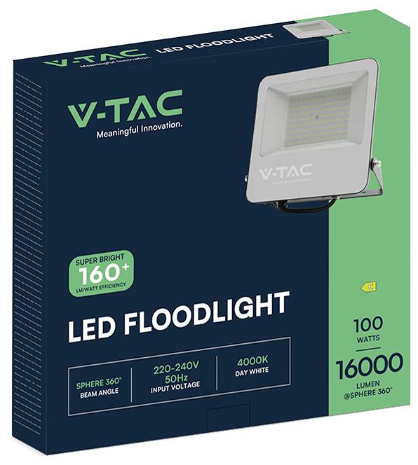 VTAC LED-Strahler Produktkarton mit einem 100-Watt-Strahler, 16.000 Lumen, 4000K Tageslicht, 220–240V, 360° Abstrahlwinkel.