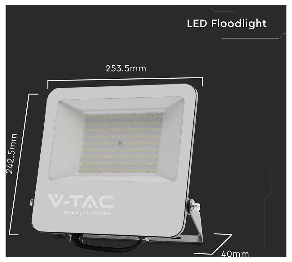 Produktbild einer V-TAC LED-Flutlicht mit beschrifteten Abmessungen von 253,5mm Breite, 242,5mm Höhe und 40mm Tiefe.