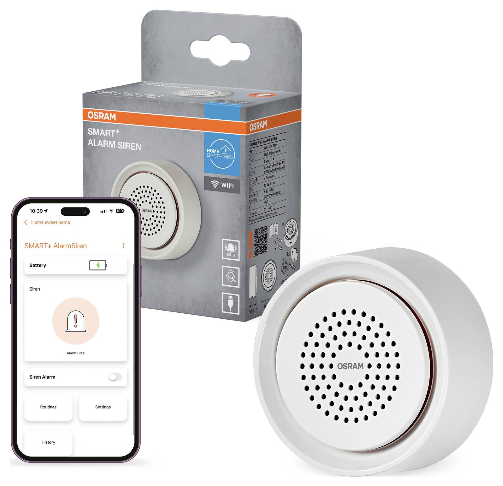 OSRAM SMART+ Alarmsirene Smart-Home-Gerät mit begleitender Handy-App auf dem Bildschirm, Verpackungsbox und rundes weißes Sirengerät.