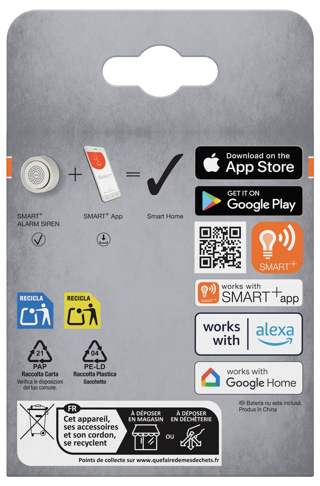 Verpackung für eine SMART+ Home-Alarmsirene mit Darstellung der Sirene plus App entspricht Smart Home, mit App Store, Google Play, QR-Code und Kompatibilitätslogos für Alexa und Google Home.