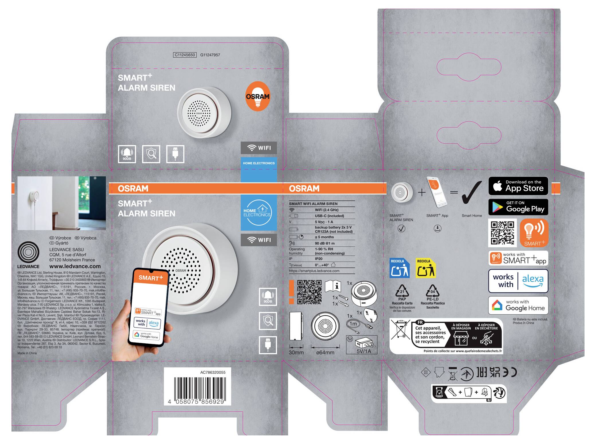 OSRAM INTELLIGENTE ALARMSIRENE Produktverpackung mit Schablone zeigt Vorderseite, Rückseite, Seiten, Symbole, App- und Smart-Home-Kompatibilität, Barcode und Sicherheitsinformationen.